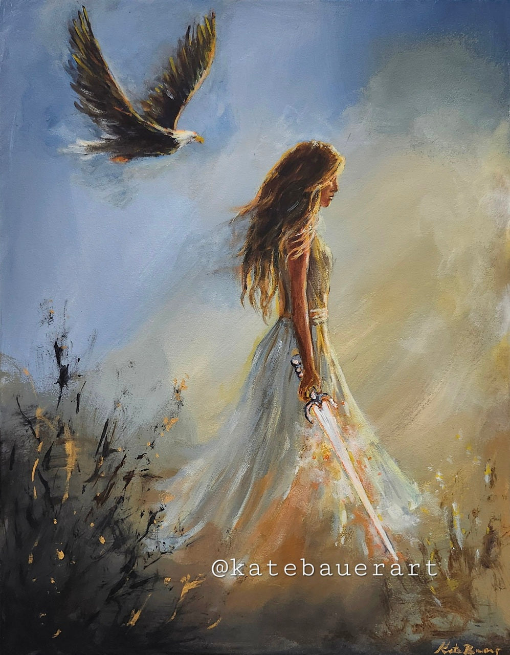 Original Woman With Sword- Ethereal -11x14" Acrylic Painting-Kate Bauer Art