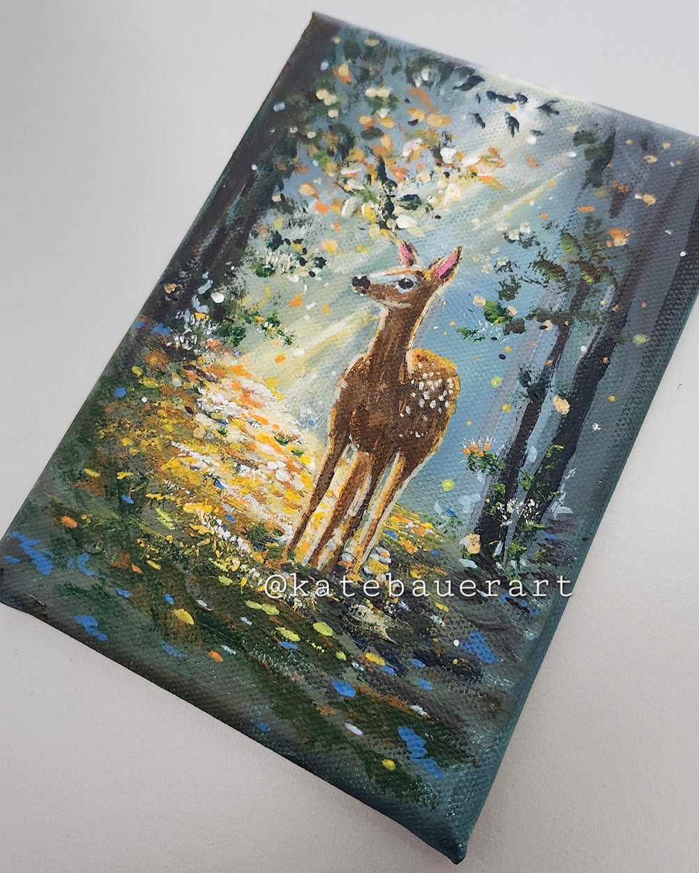 Original Deer In Forest - Golden Hour Woodland Painting-5x7"- Kate Bauer