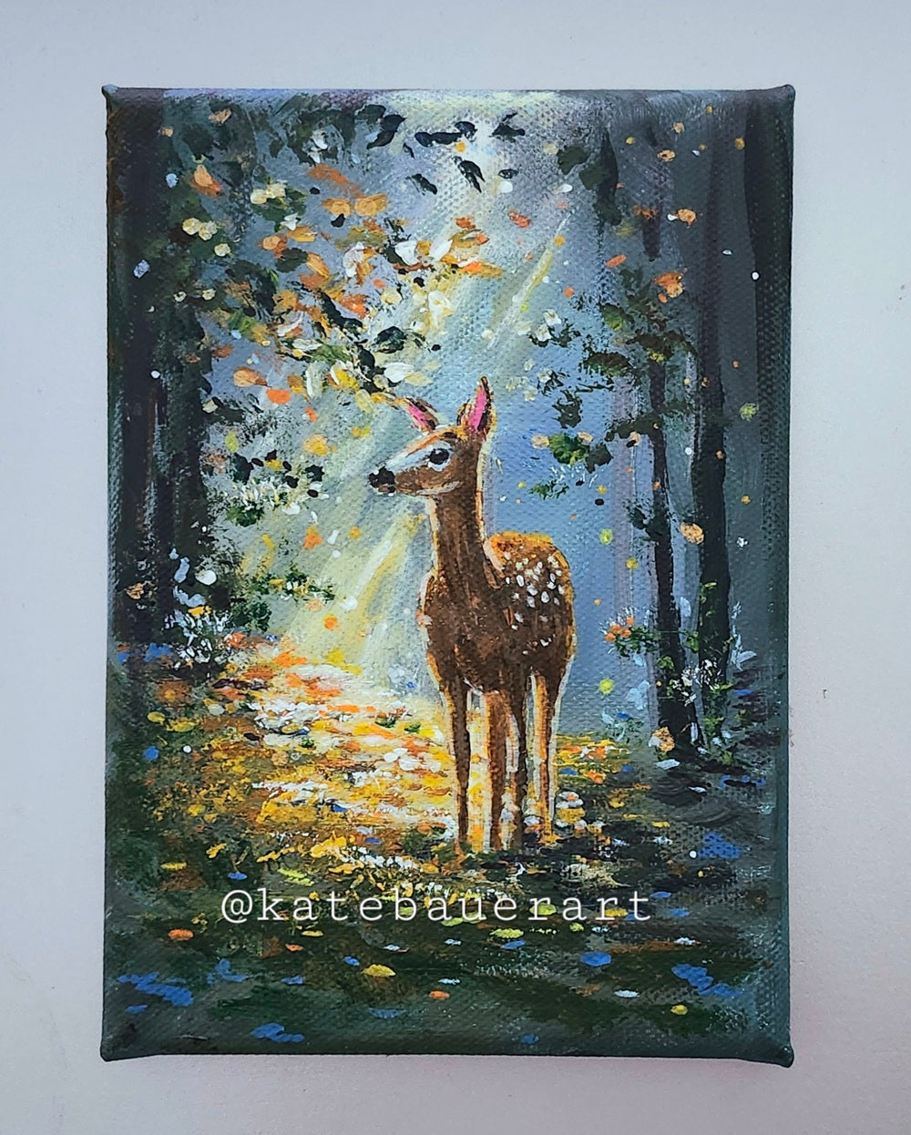 Original Deer In Forest - Golden Hour Woodland Painting-5x7"- Kate Bauer