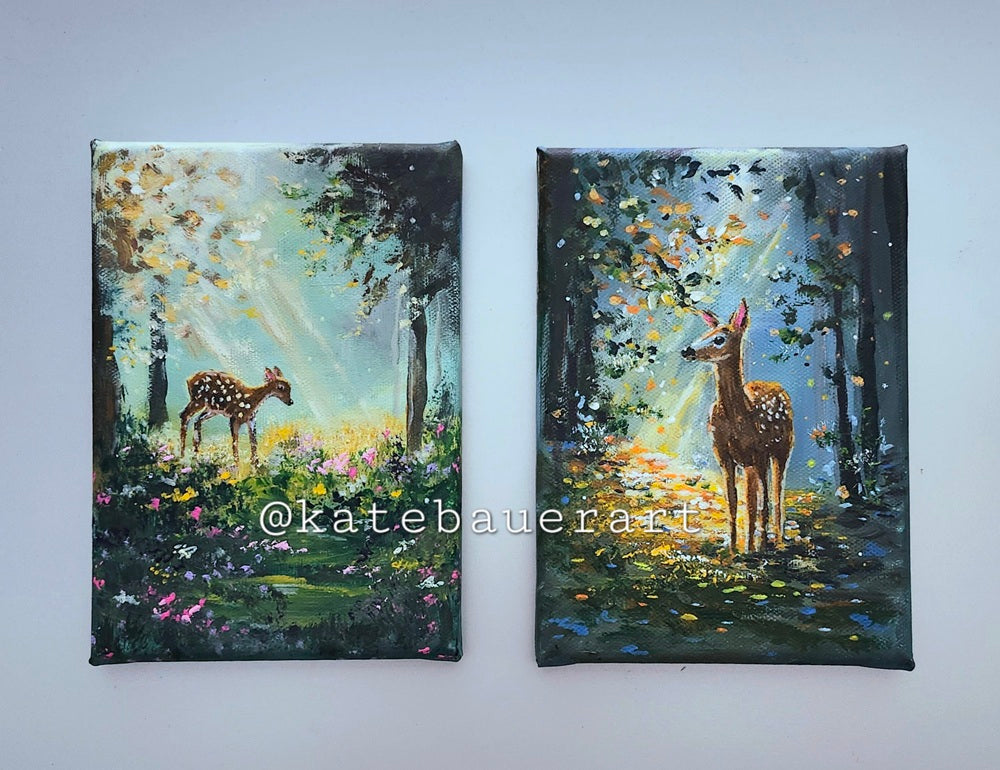 Original Deer In Forest - Golden Hour Woodland Painting-5x7"- Kate Bauer