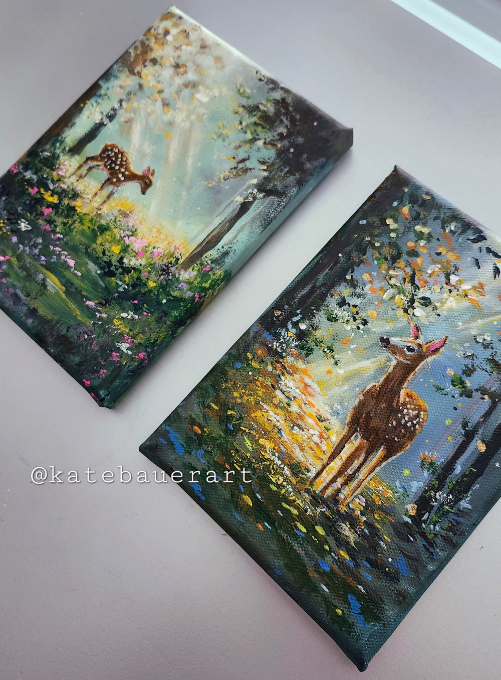 Original Deer In Forest - Golden Hour Woodland Painting-5x7"- Kate Bauer