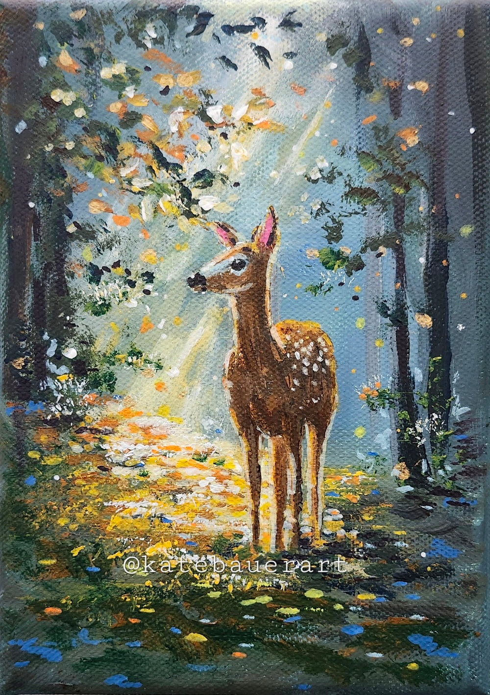 Original Deer In Forest - Golden Hour Woodland Painting-5x7"- Kate Bauer