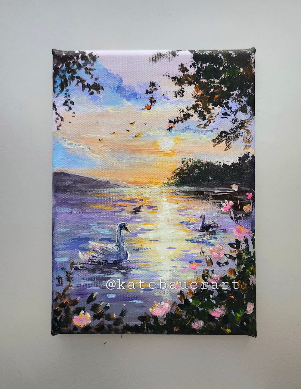 Original Swans At Sunset - Acrylic Painting-5x7"- Kate Bauer