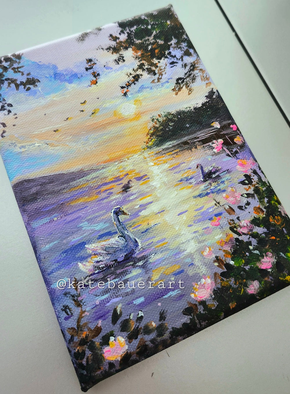 Original Swans At Sunset - Acrylic Painting-5x7"- Kate Bauer