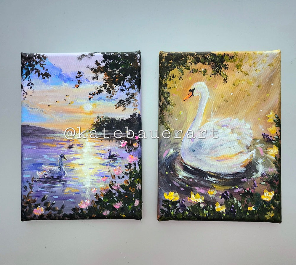 Original Golden Hour Swan - Dreamy Acrylic Painting-5x7"- Kate Bauer