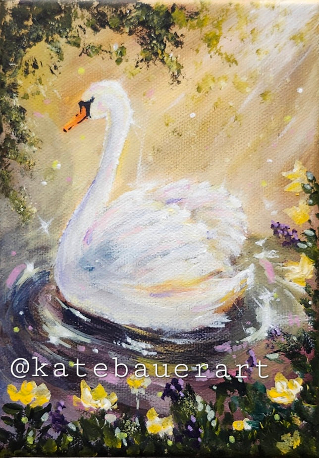 Original Golden Hour Swan - Dreamy Acrylic Painting-5x7"- Kate Bauer