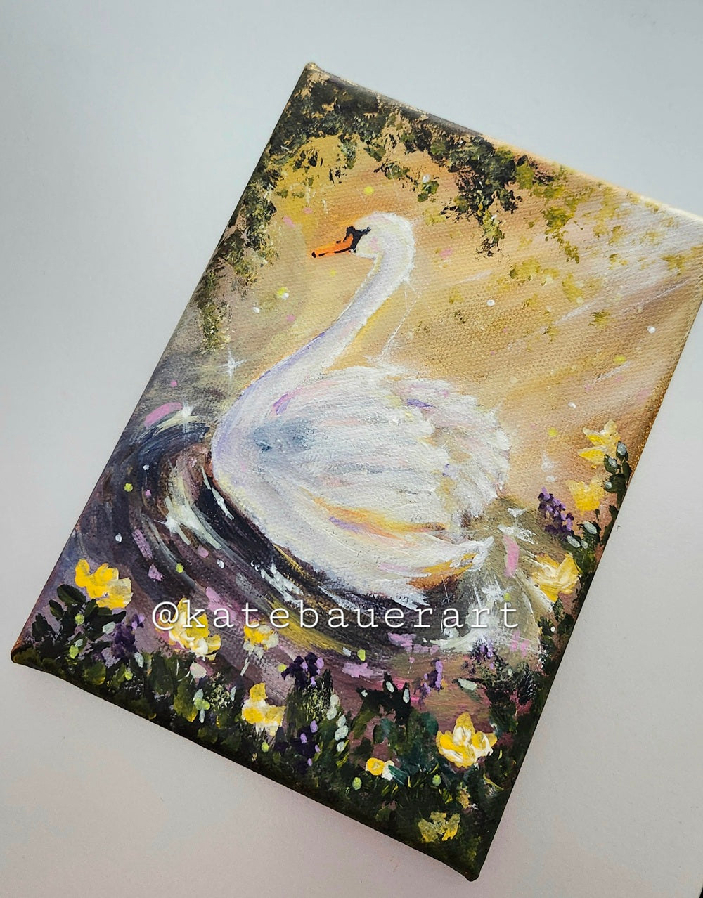 Original Golden Hour Swan - Dreamy Acrylic Painting-5x7"- Kate Bauer
