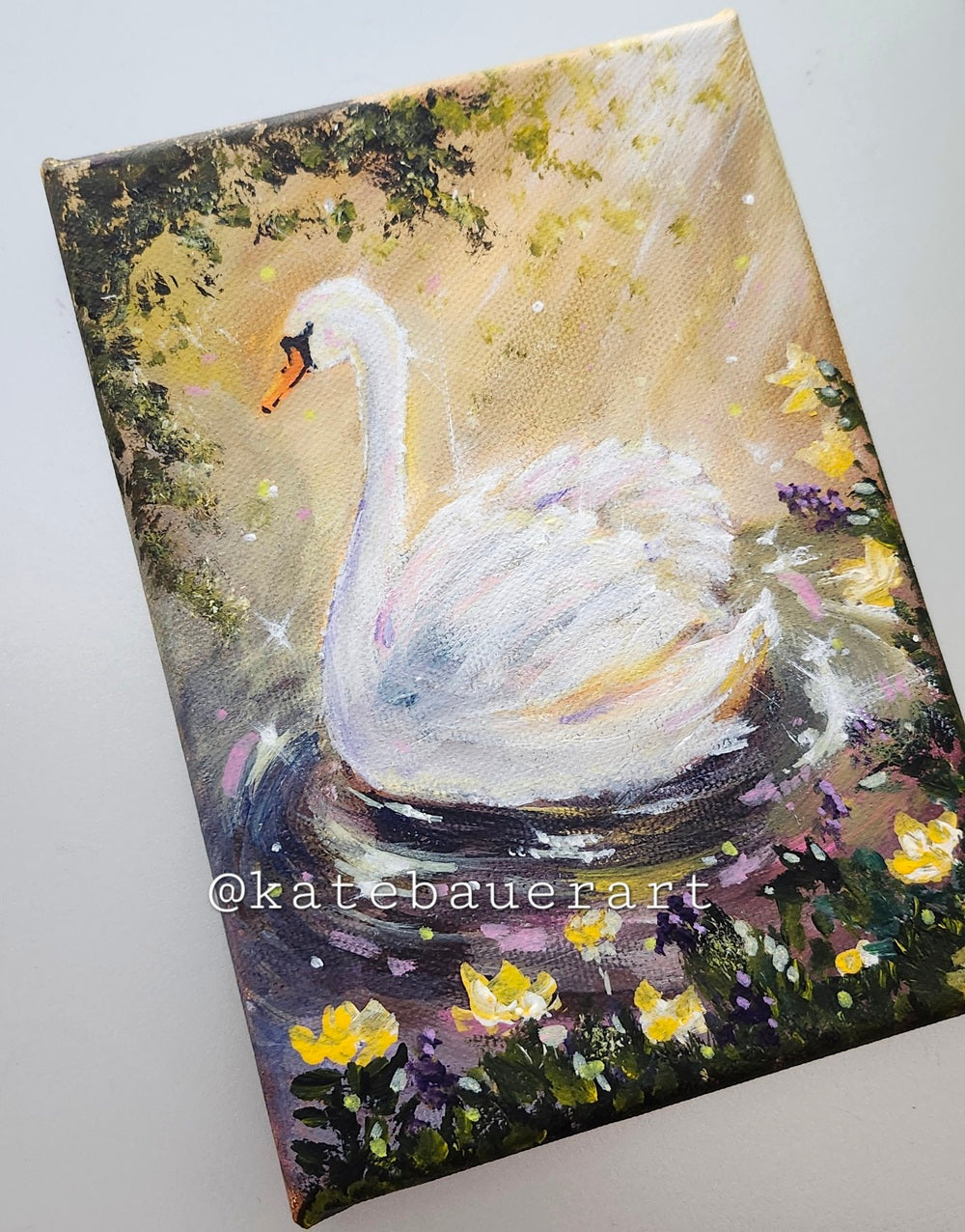Original Golden Hour Swan - Dreamy Acrylic Painting-5x7"- Kate Bauer