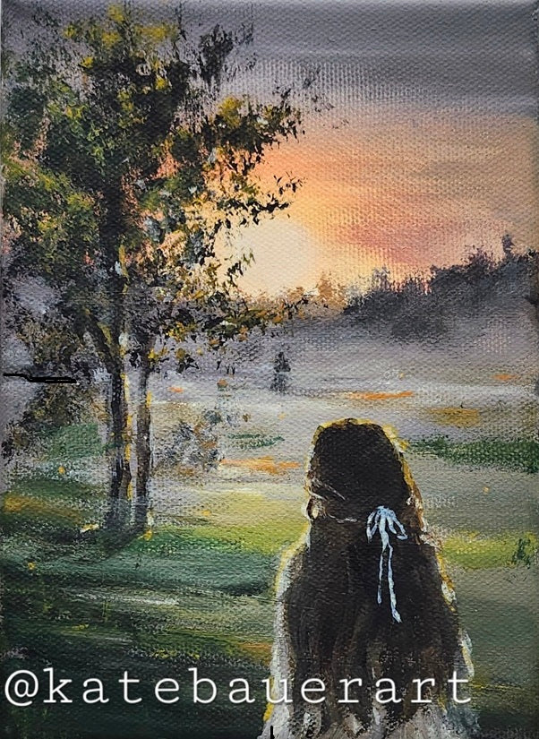 Original Woman In Misty Field - Dark Academia Style Landscape Painting-5x7"- Kate Bauer