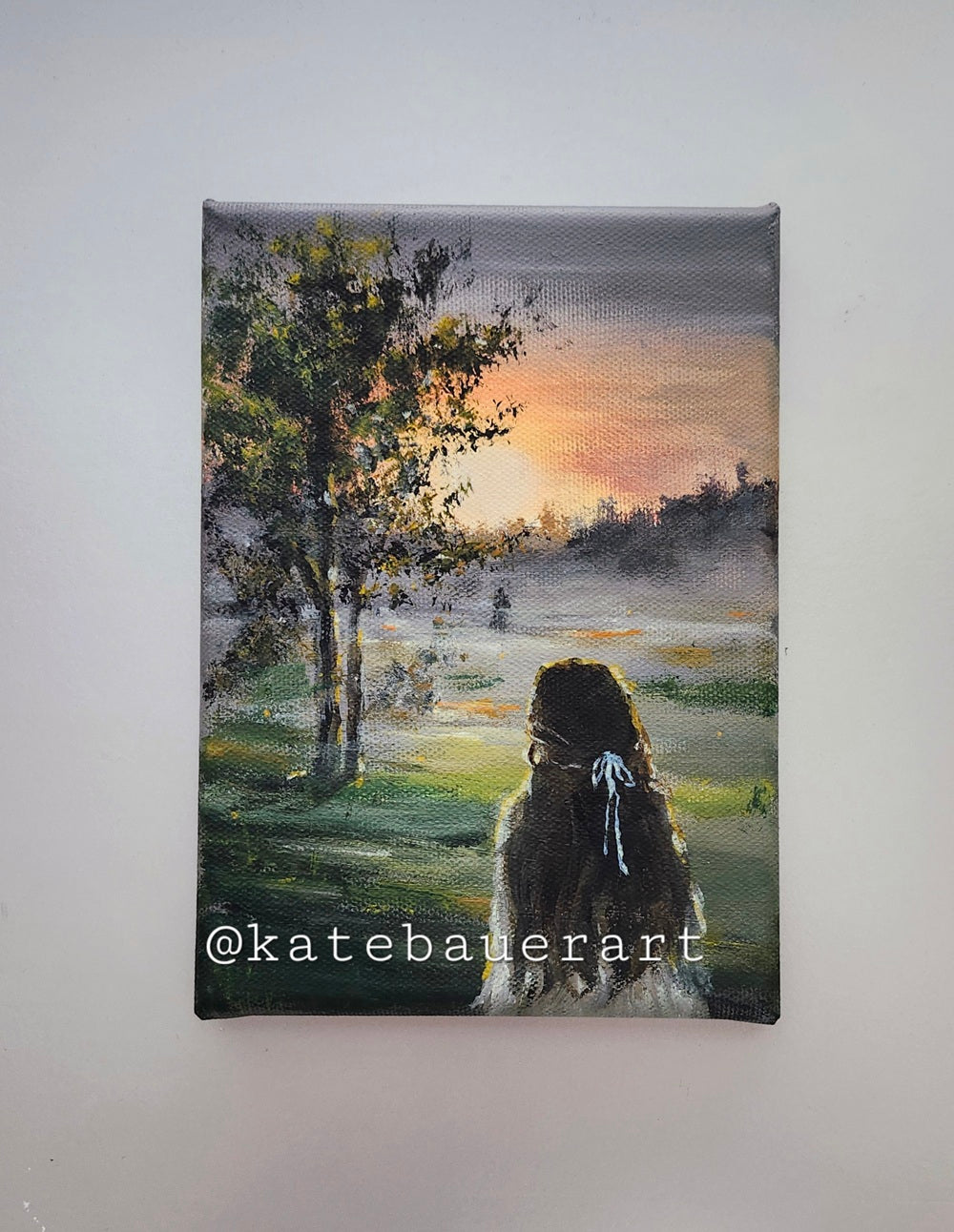 Original Woman In Misty Field - Dark Academia Style Landscape Painting-5x7"- Kate Bauer