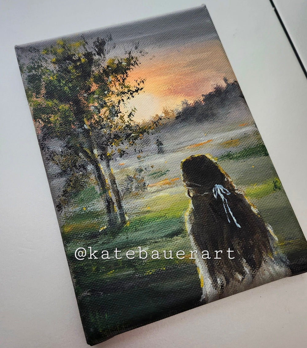 Original Woman In Misty Field - Dark Academia Style Landscape Painting-5x7"- Kate Bauer