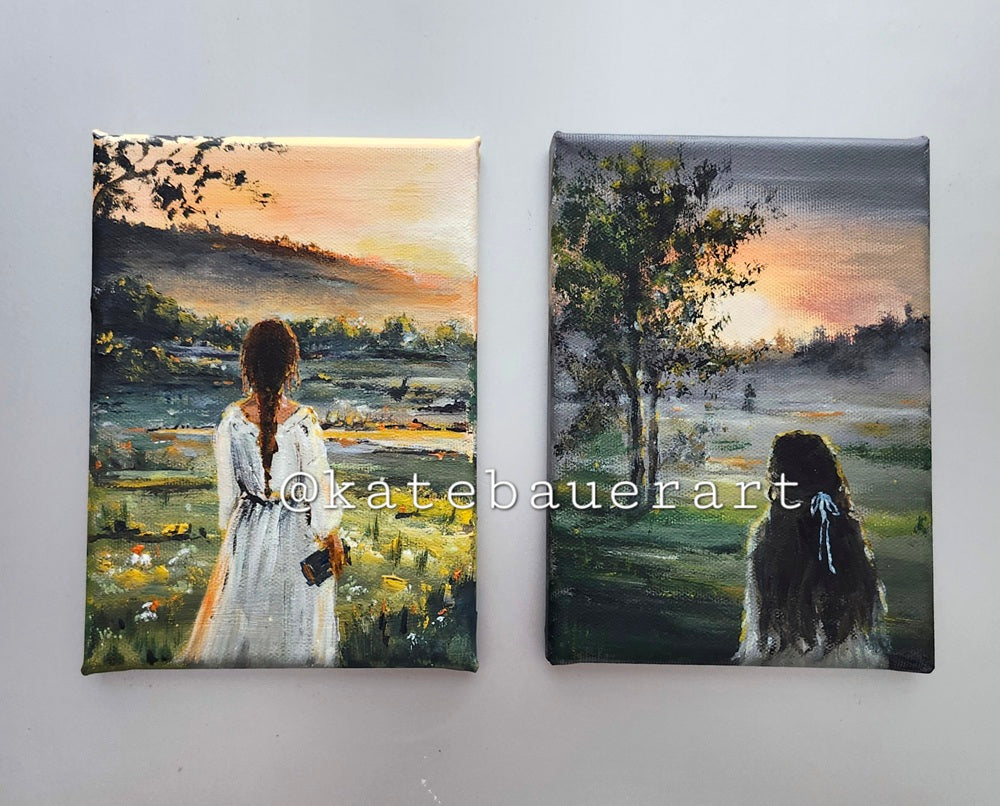 Original Woman In Misty Field - Dark Academia Style Landscape Painting-5x7"- Kate Bauer