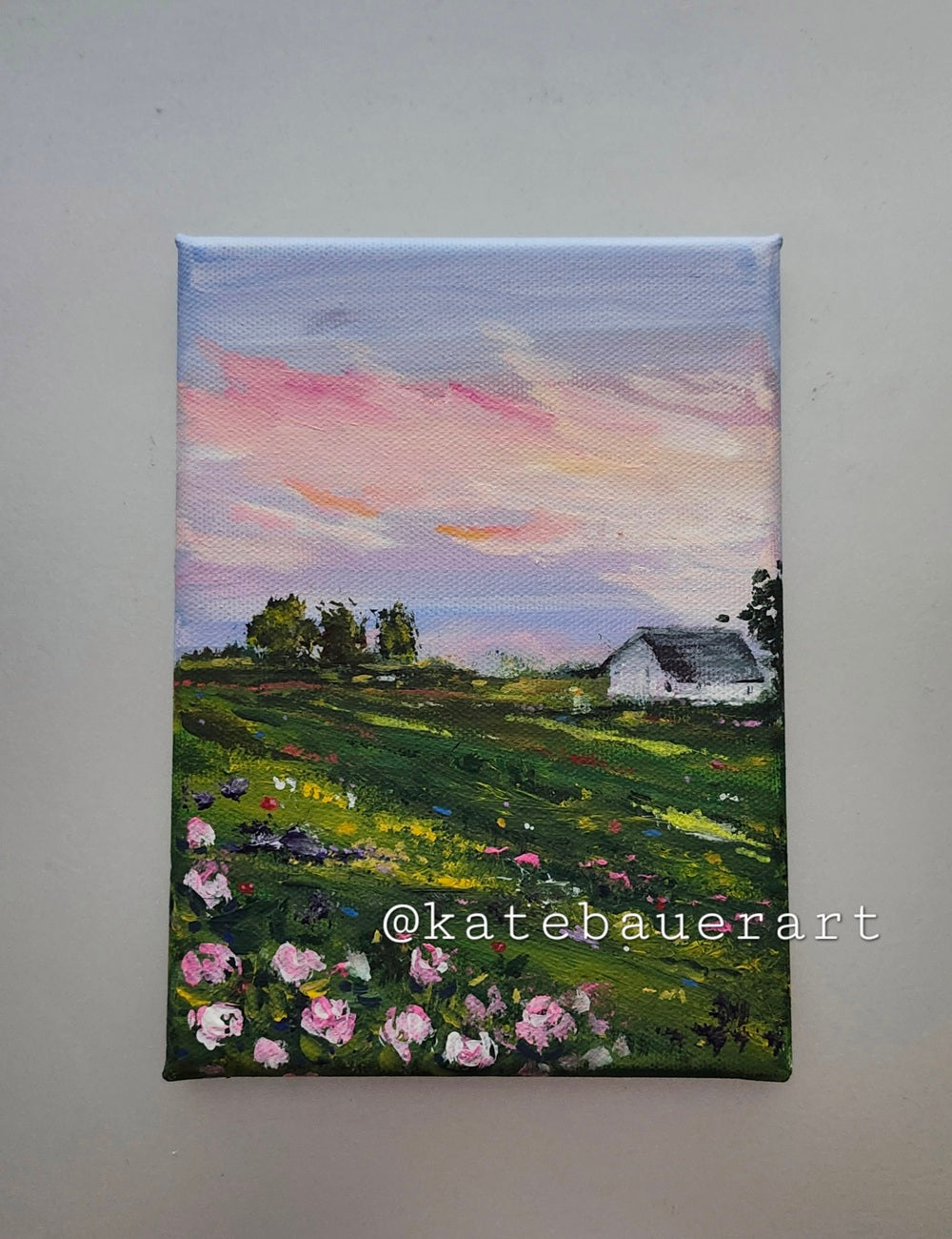 Original Flower Field With Cottage Landscape - Pink Sky Painting 5x7" - Kate Bauer