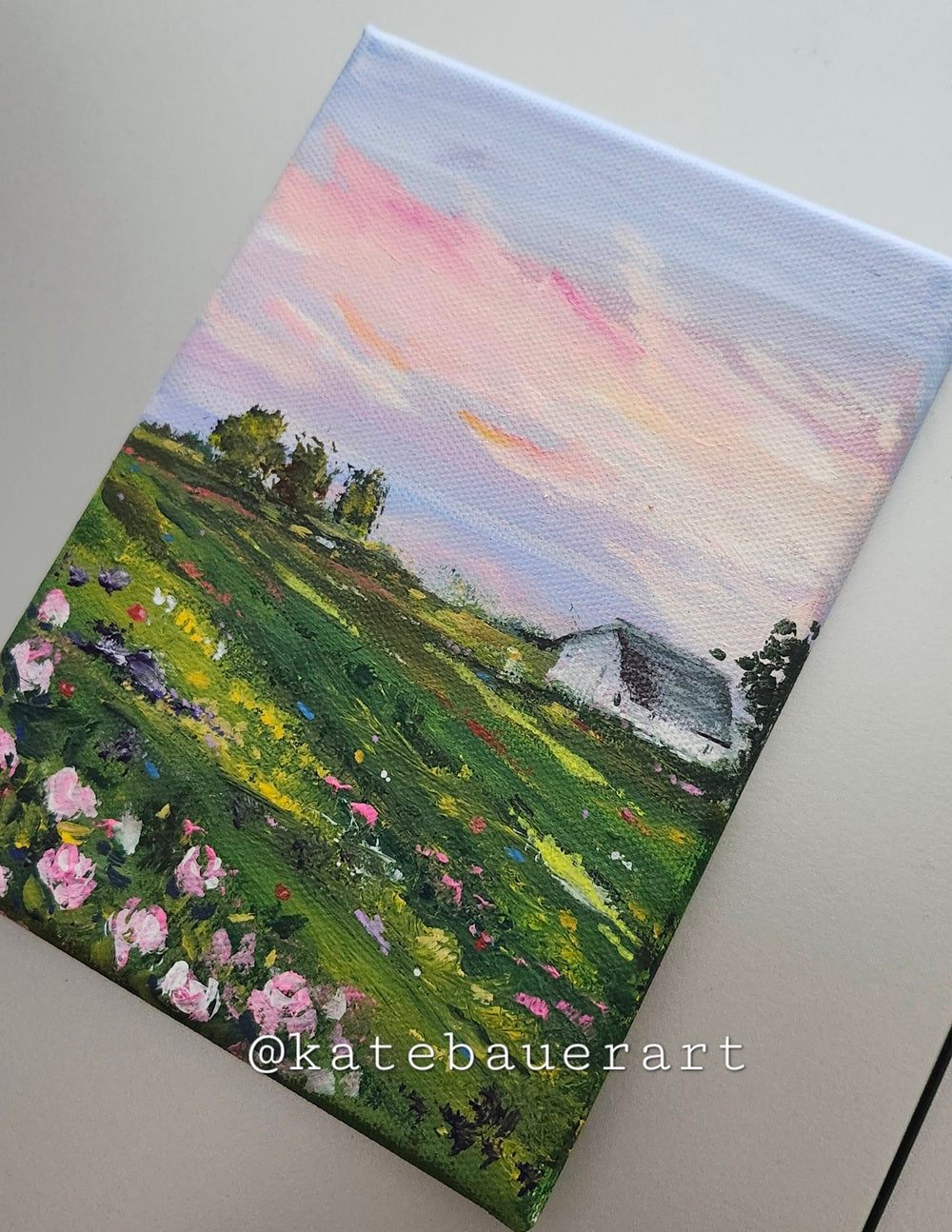 Original Flower Field With Cottage Landscape - Pink Sky Painting 5x7" - Kate Bauer