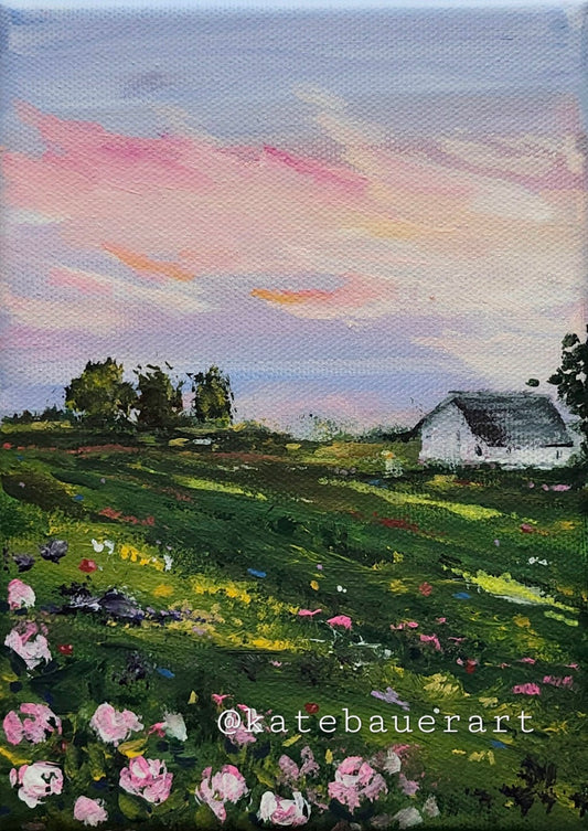Original Flower Field With Cottage Landscape - Pink Sky Painting 5x7" - Kate Bauer