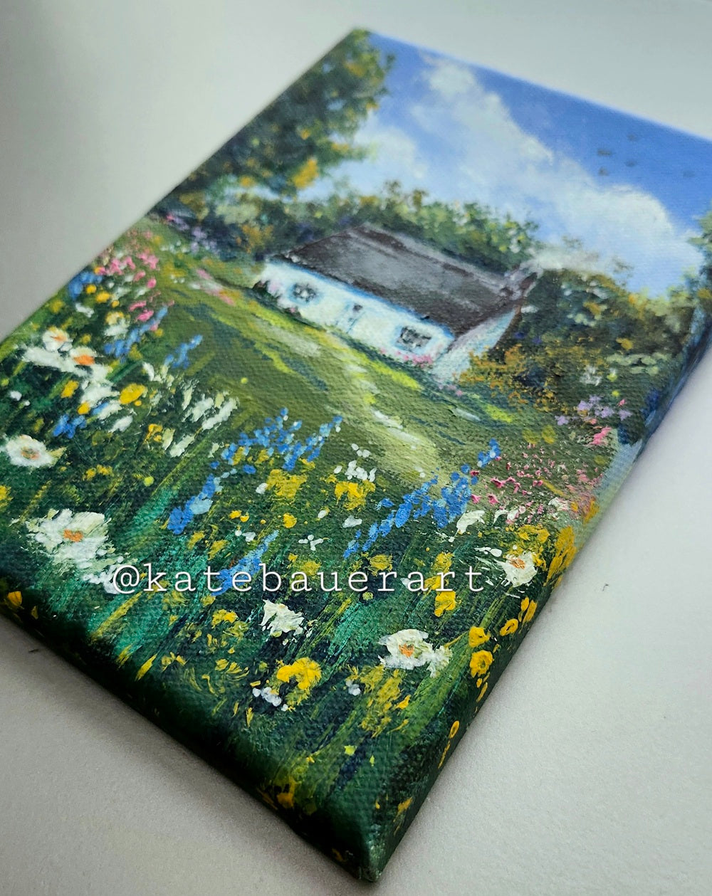 Original Cottage With Flower Meadow Landscape - Blue Sky Painting 5x7" - Kate Bauer
