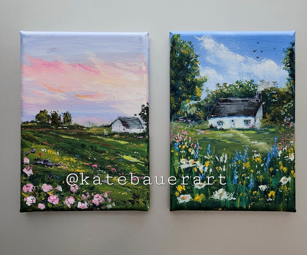 Original Cottage With Flower Meadow Landscape - Blue Sky Painting 5x7" - Kate Bauer