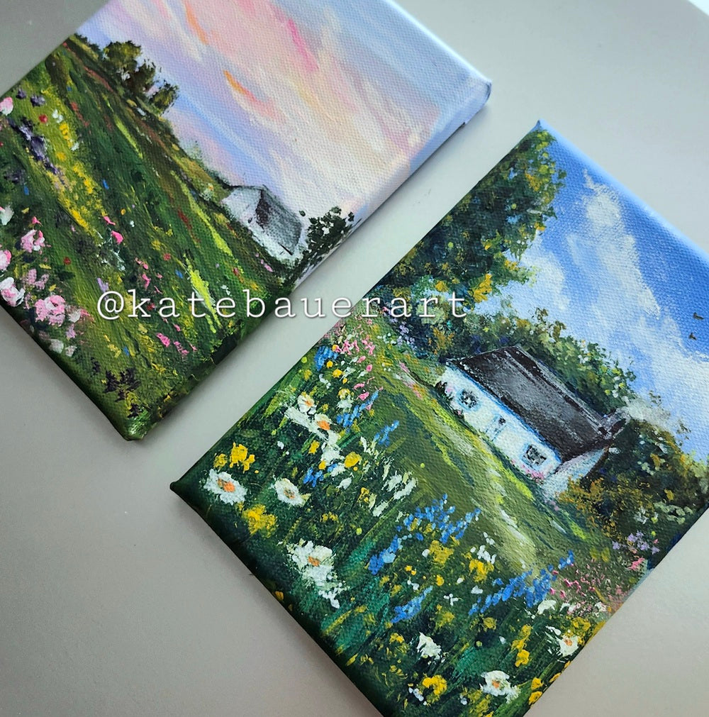 Original Cottage With Flower Meadow Landscape - Blue Sky Painting 5x7" - Kate Bauer