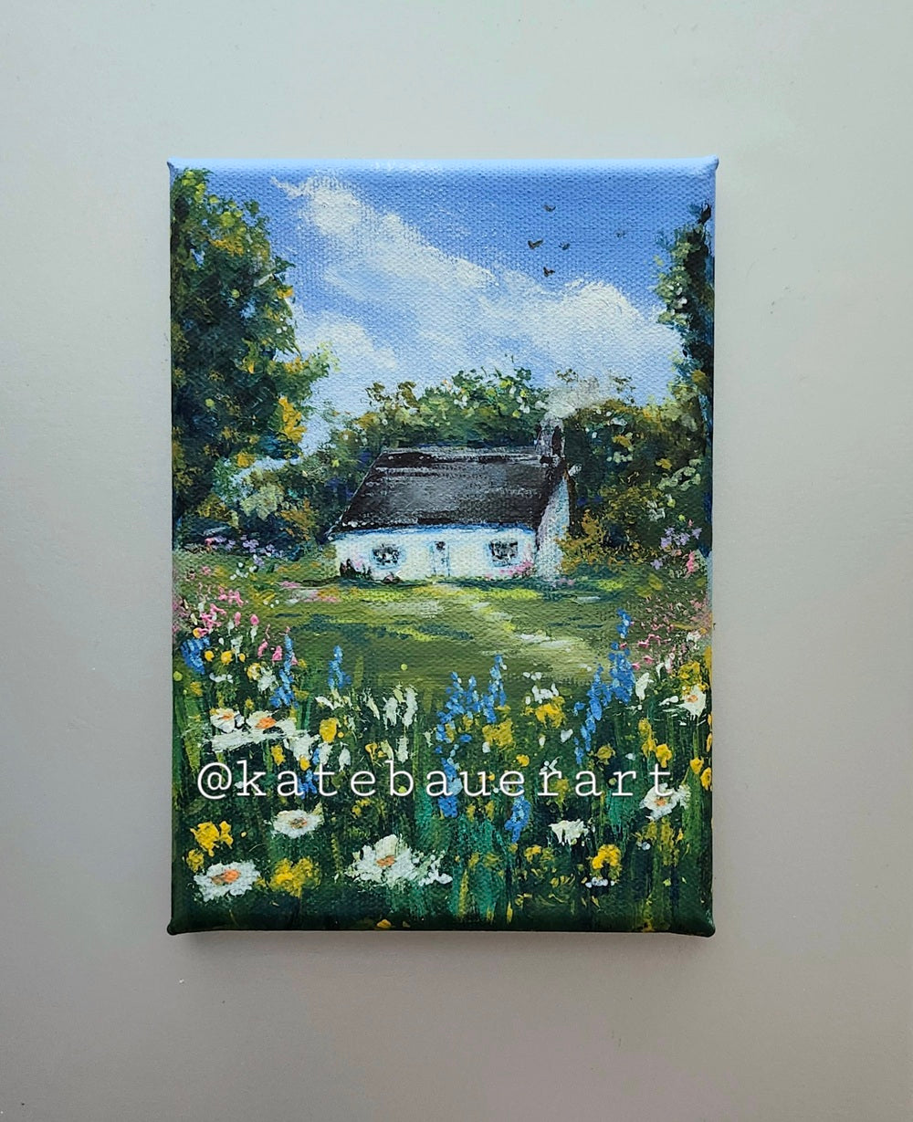 Original Cottage With Flower Meadow Landscape - Blue Sky Painting 5x7" - Kate Bauer