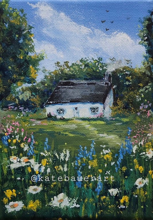 Original Cottage With Flower Meadow Landscape - Blue Sky Painting 5x7" - Kate Bauer