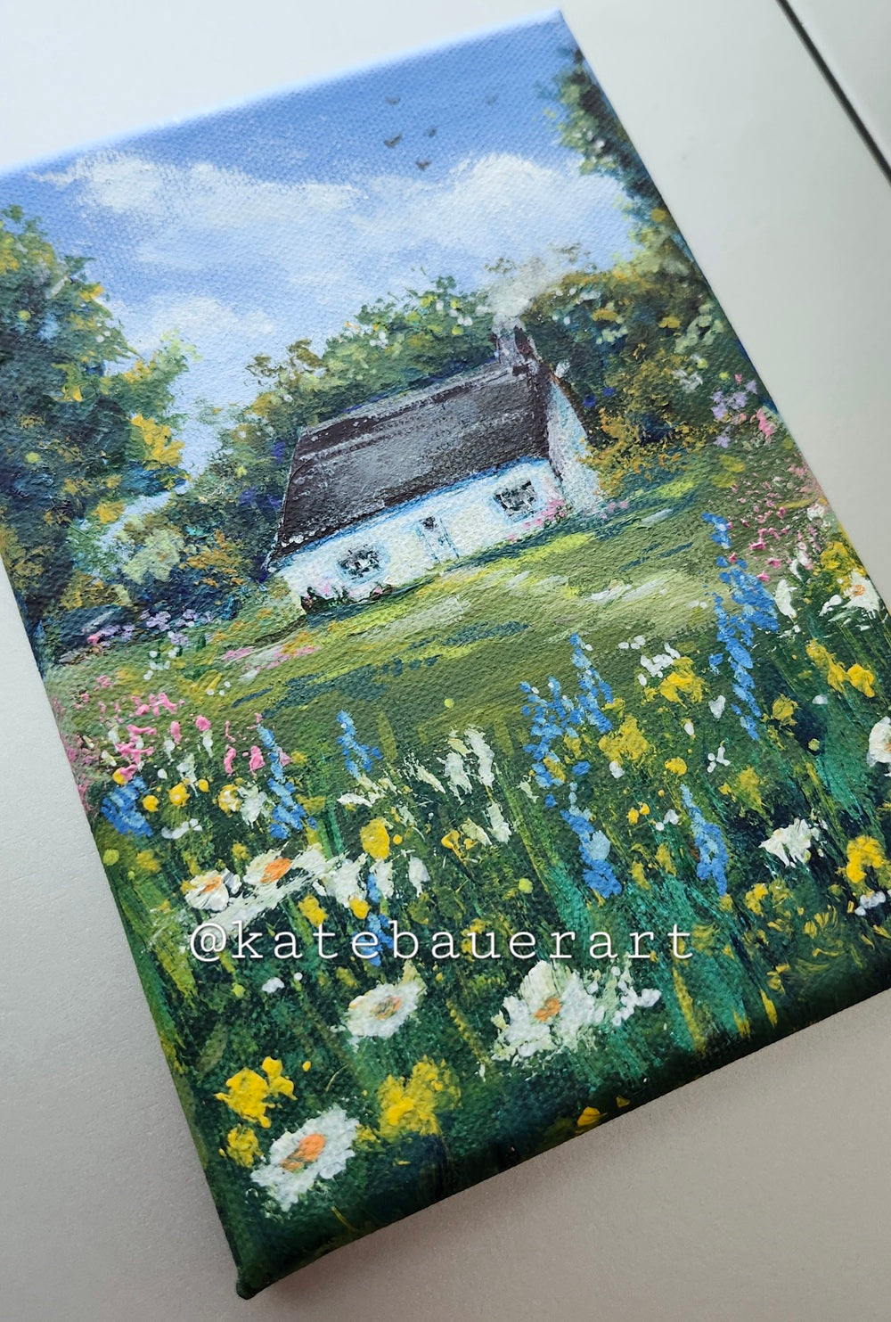 Original Cottage With Flower Meadow Landscape - Blue Sky Painting 5x7" - Kate Bauer