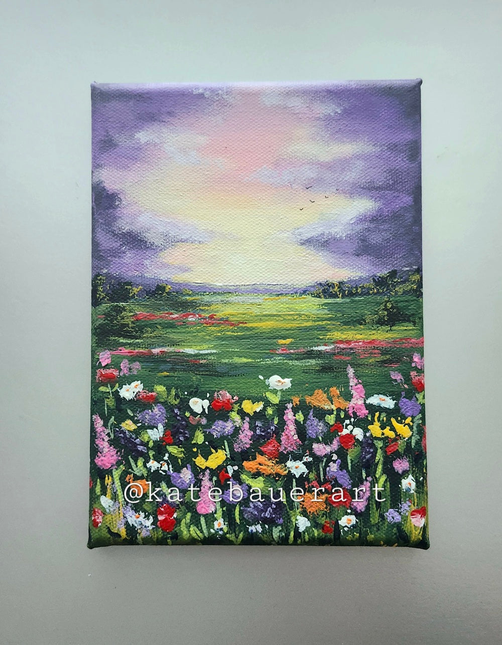 Original Flower Fields Landscape - Sunset Sky Painting 5x7" - Kate Bauer