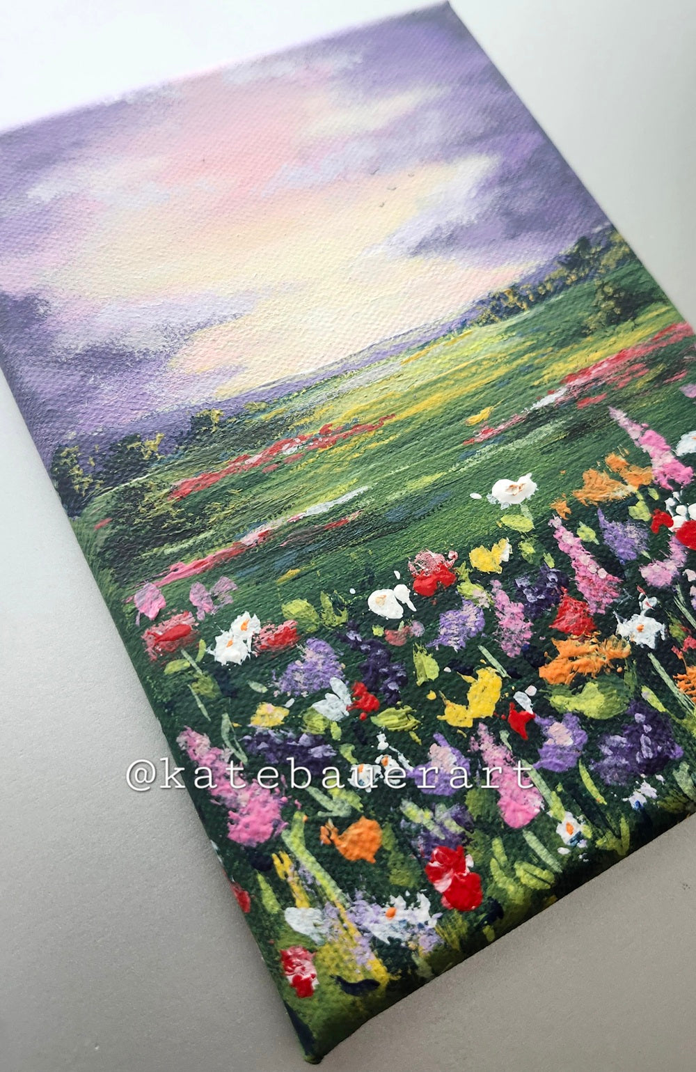 Original Flower Fields Landscape - Sunset Sky Painting 5x7" - Kate Bauer