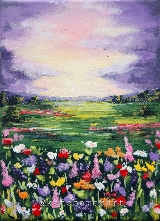 Original Flower Fields Landscape - Sunset Sky Painting 5x7" - Kate Bauer