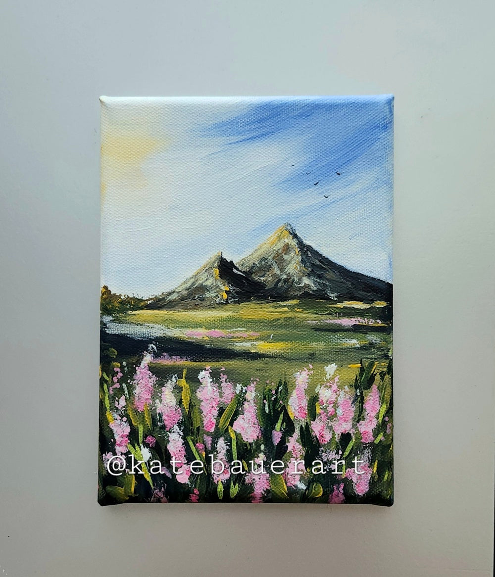 Original Mountain Flowers Landscape - Sunset Sky Painting 5x7" - Kate Bauer