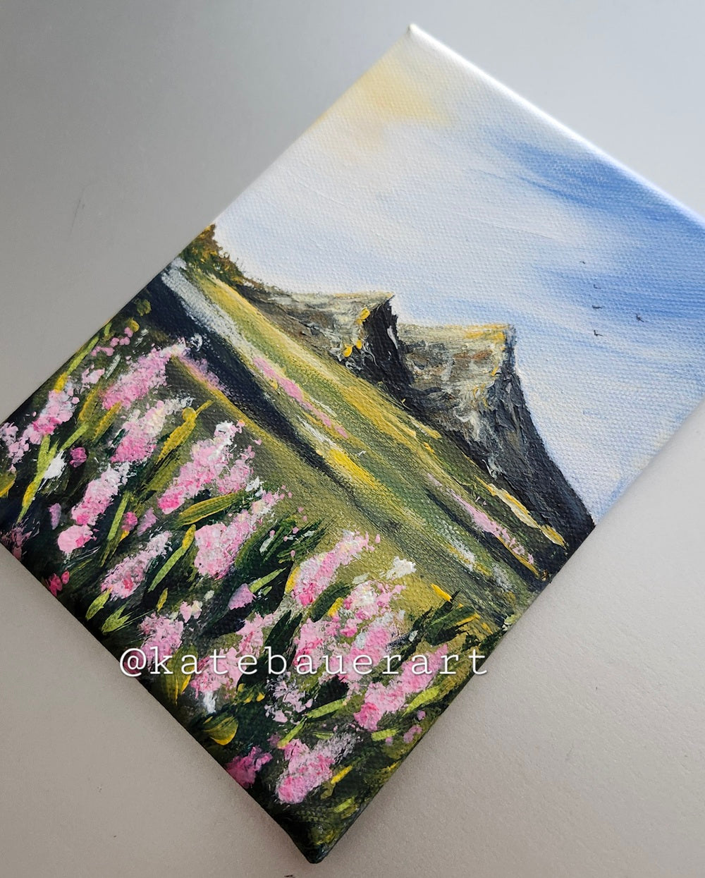 Original Mountain Flowers Landscape - Sunset Sky Painting 5x7" - Kate Bauer