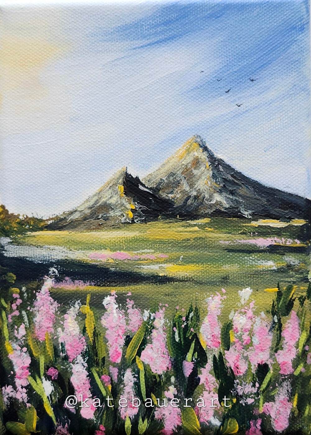 Original Mountain Flowers Landscape - Sunset Sky Painting 5x7" - Kate Bauer