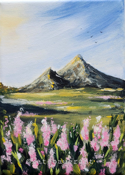 Original Mountain Flowers Landscape - Sunset Sky Painting 5x7" - Kate Bauer