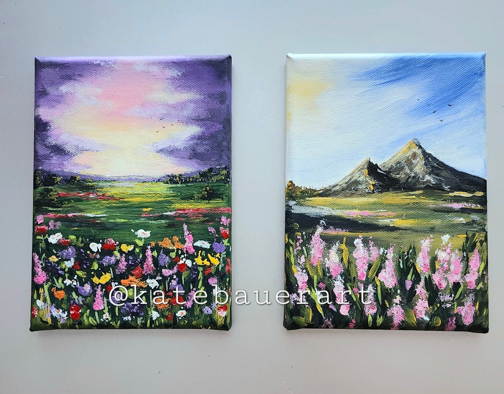 Original Mountain Flowers Landscape - Sunset Sky Painting 5x7" - Kate Bauer