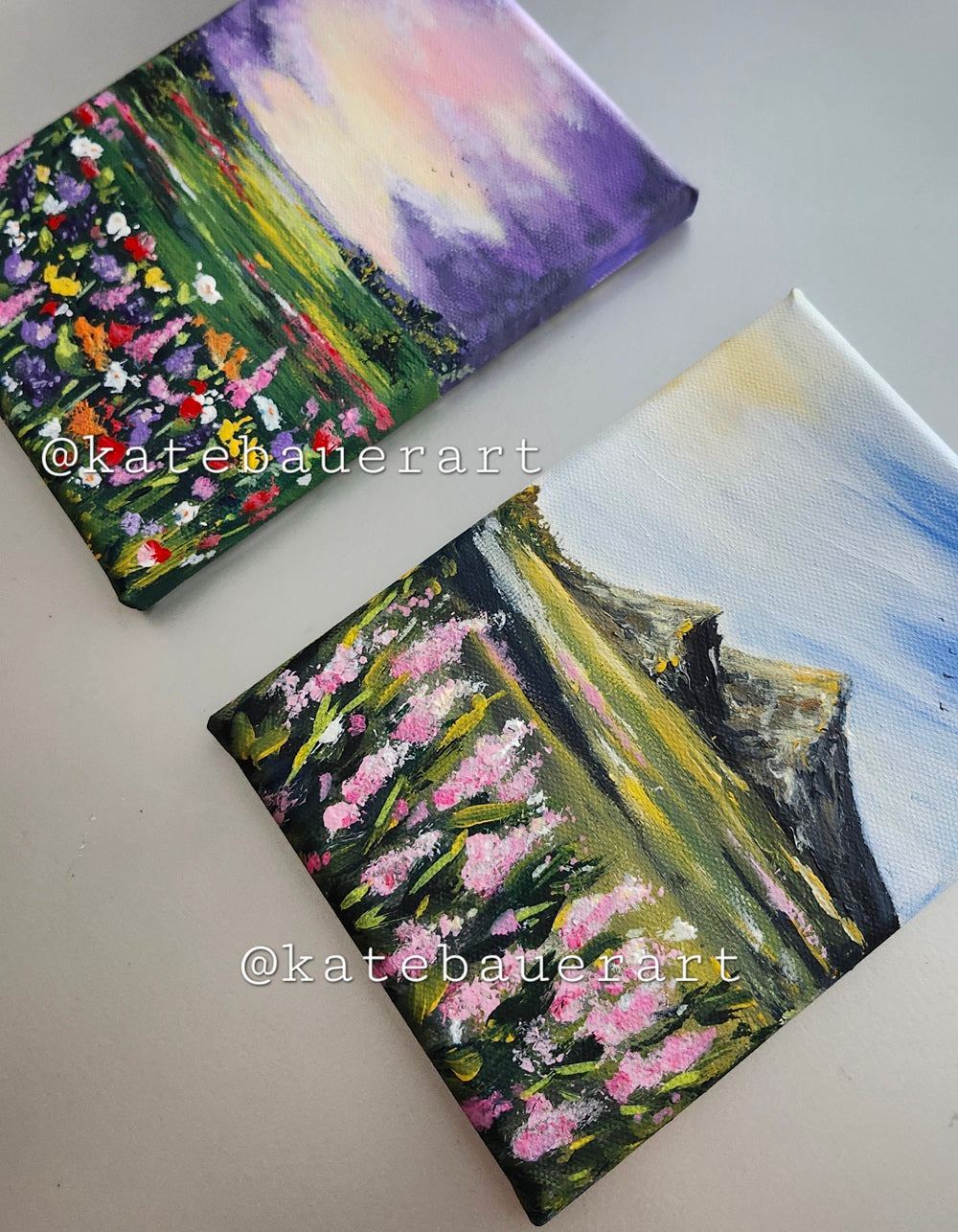 Original Mountain Flowers Landscape - Sunset Sky Painting 5x7" - Kate Bauer