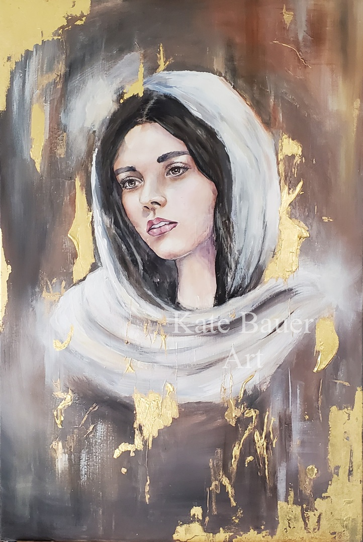 Original Mixed Media Painting of Mary - Mother Mary - 36x24" 24K Gold Leaf Accents On Canvas - Kate Bauer Art