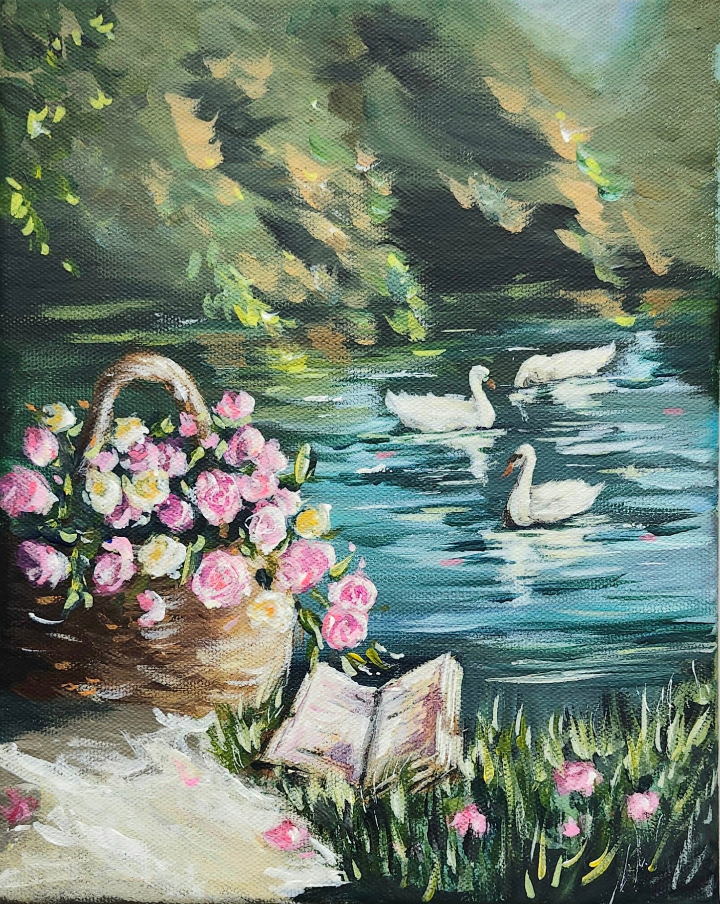 Original Pink Roses By Swan Lake -Flowers Landscape Painting-8x10"-Kate Bauer