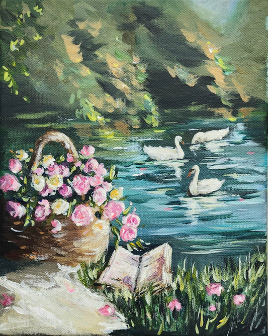 Original Pink Roses By Swan Lake -Flowers Landscape Painting-8x10"-Kate Bauer
