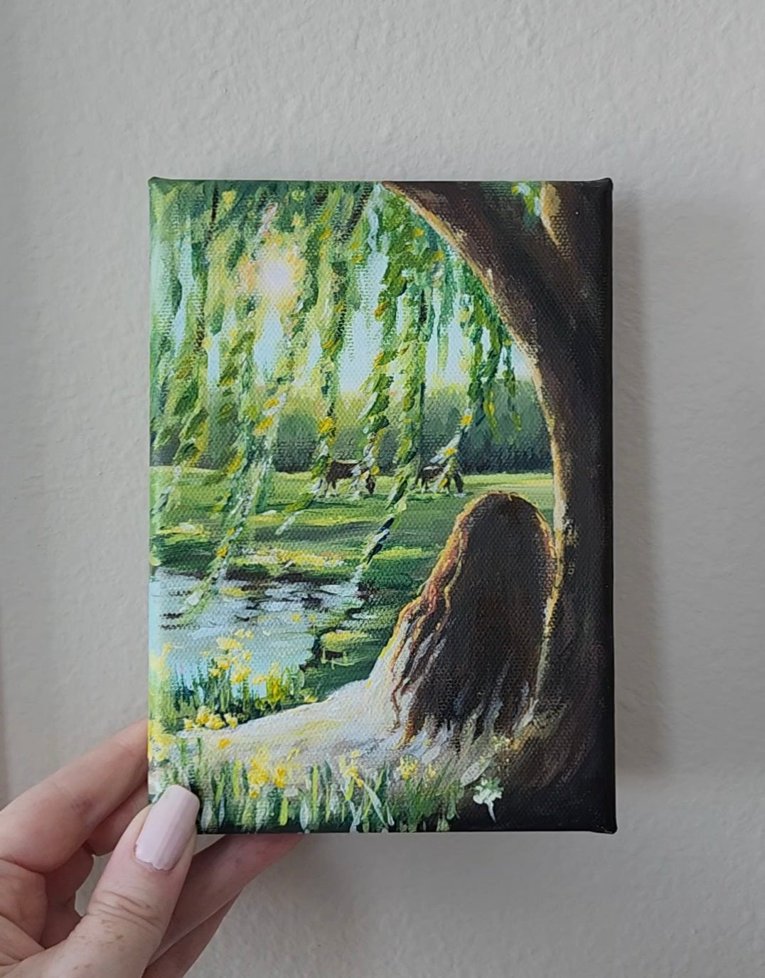 ORIGINAL Woman By Lake - Weeping Willow Landscape 5x7" Acrylic Painting-Kate Bauer