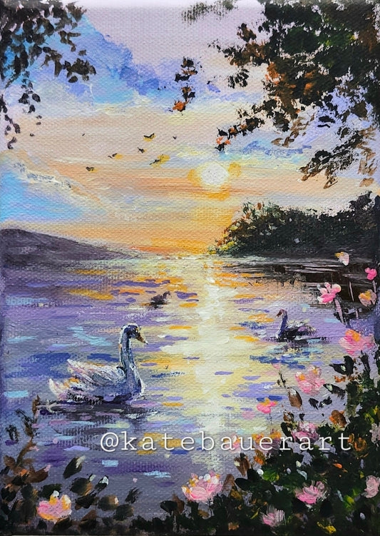 Original Swans At Sunset - Dreamy Acrylic Painting-5x7"- Kate Bauer