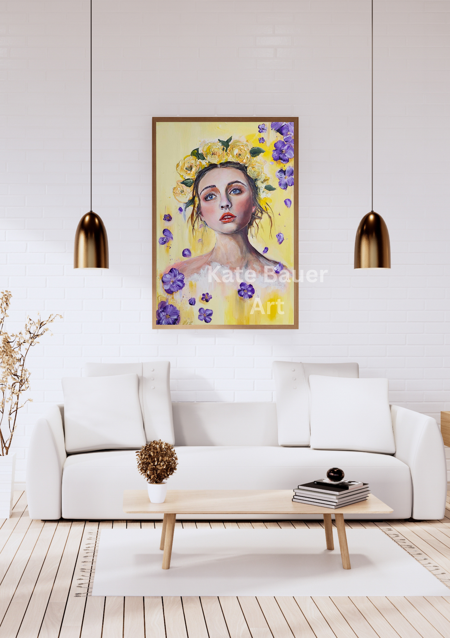 Original Woman With Yellow Flower Crown - Purple Flowers - 20x30 Acrylic Painting-Kate Bauer Art