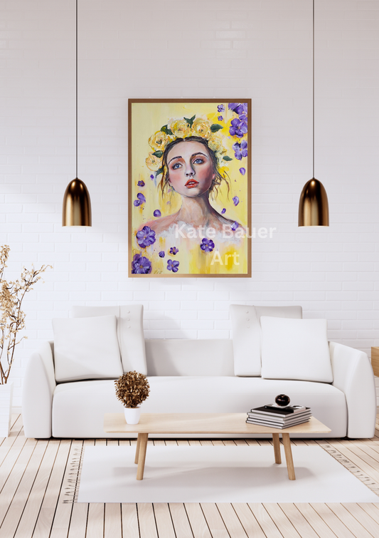 Original Woman With Yellow Flower Crown - Purple Flowers - 20x30 Acrylic Painting-Kate Bauer Art