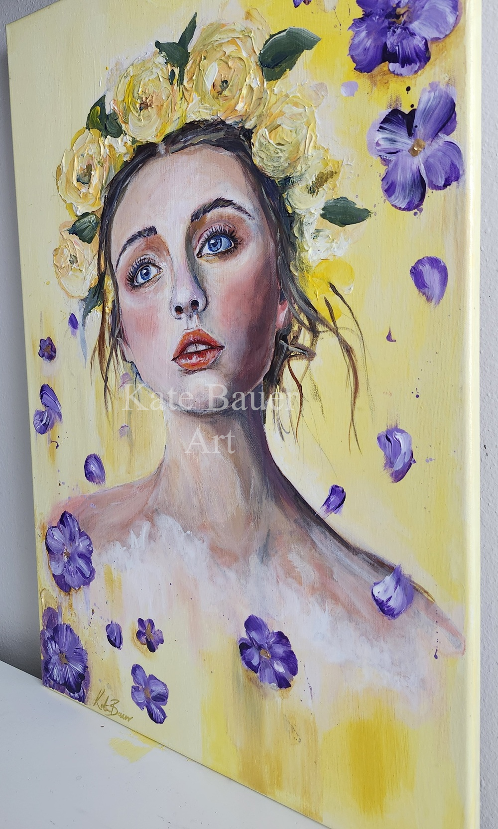 Original Woman With Yellow Flower Crown - Purple Flowers - 20x30 Acrylic Painting-Kate Bauer Art