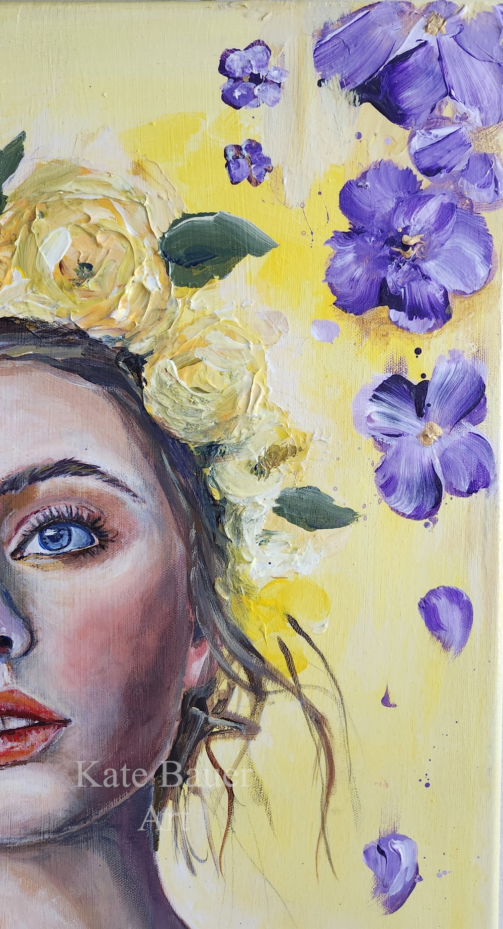 Original Woman With Yellow Flower Crown - Purple Flowers - 20x30 Acrylic Painting-Kate Bauer Art