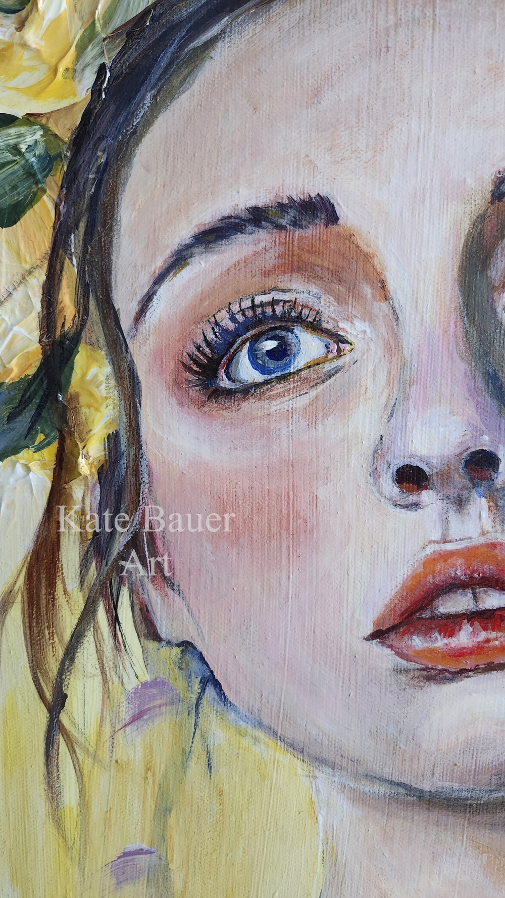 Original Woman With Yellow Flower Crown - Purple Flowers - 20x30 Acrylic Painting-Kate Bauer Art