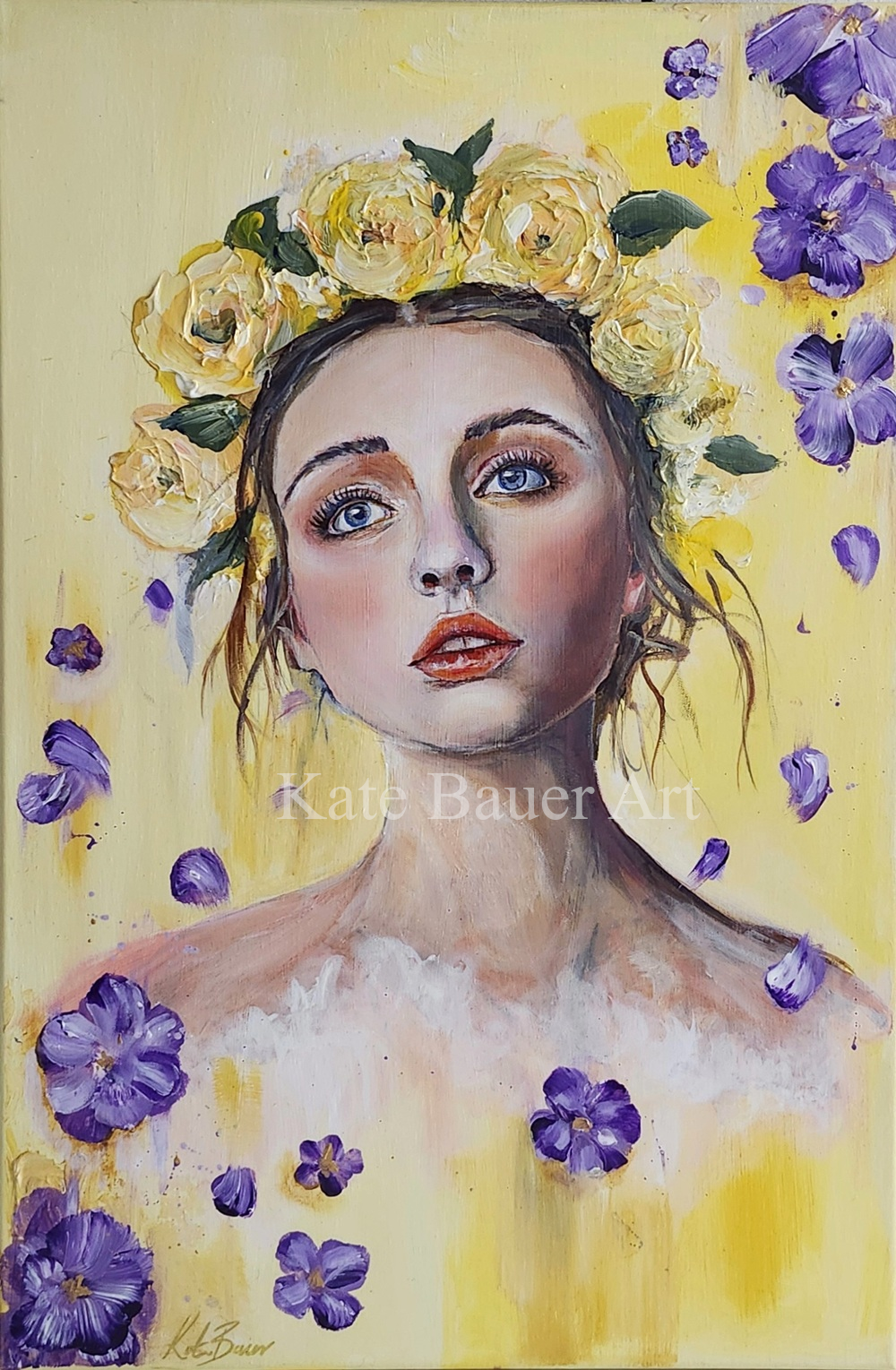 Original Woman With Yellow Flower Crown - Purple Flowers - 20x30 Acrylic Painting-Kate Bauer Art