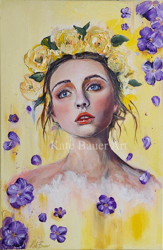 Original Woman With Yellow Flower Crown - Purple Flowers - 20x30 Acrylic Painting-Kate Bauer Art