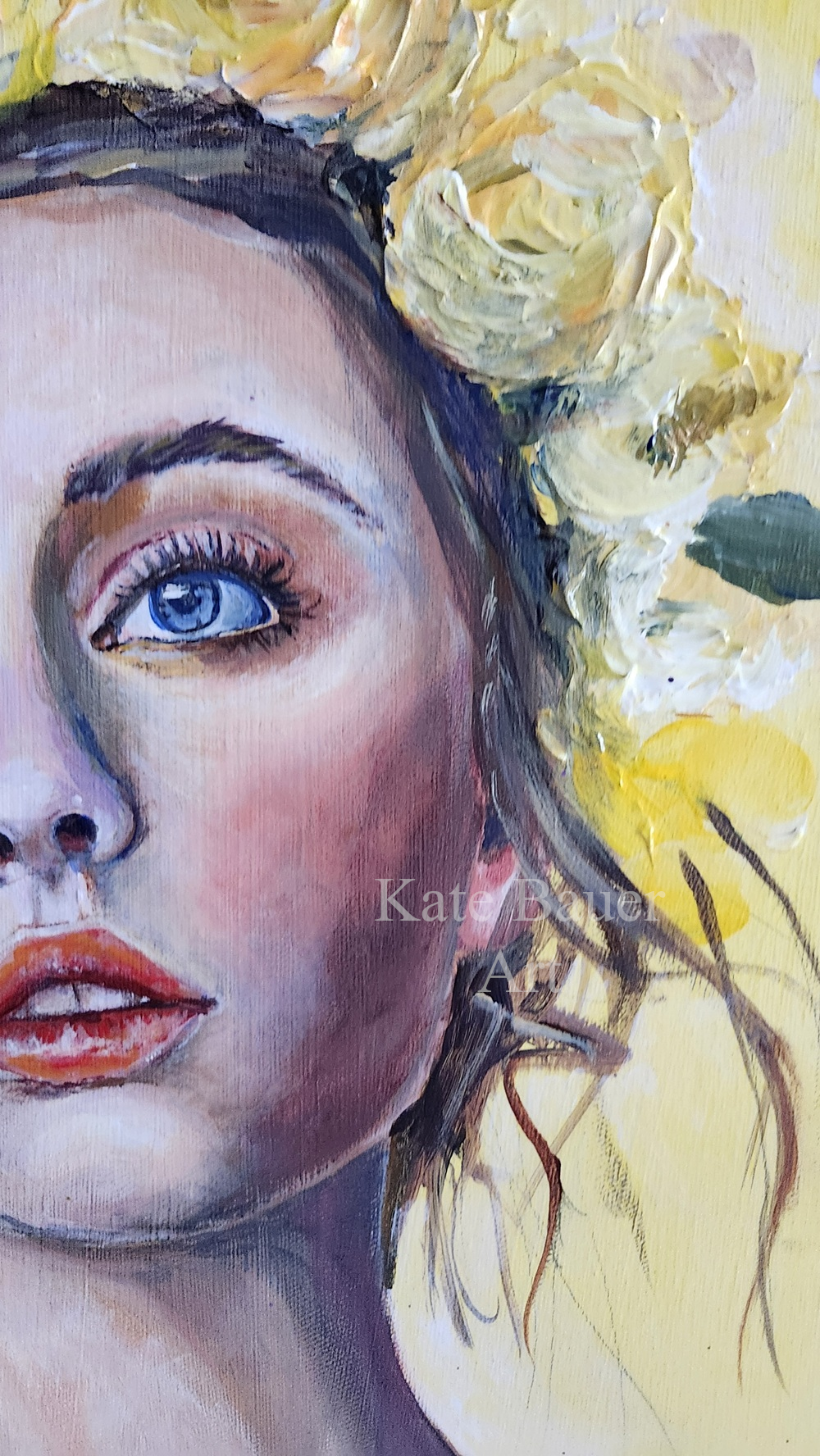 Original Woman With Yellow Flower Crown - Purple Flowers - 20x30 Acrylic Painting-Kate Bauer Art